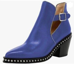 YDN Royal Blue Chunky Heeled Ankle Booties Closed Almond Toe Buckle Strap Boot